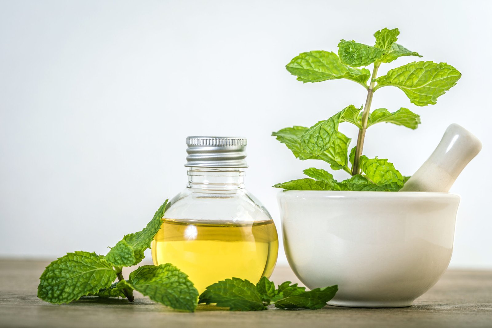 aroma essential oil from a peppermint in the bottle on the table