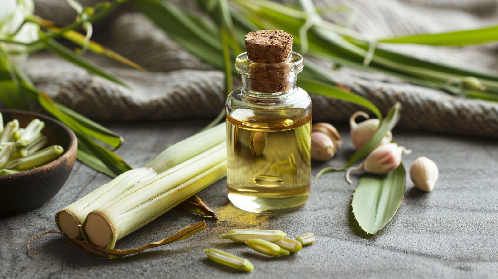 small bottle lemongrass oil with fresh lemongrass stalks leaves