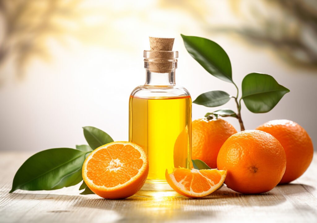 tangerine essential oil bottle with cork connected it fresh tangerine orange fruits