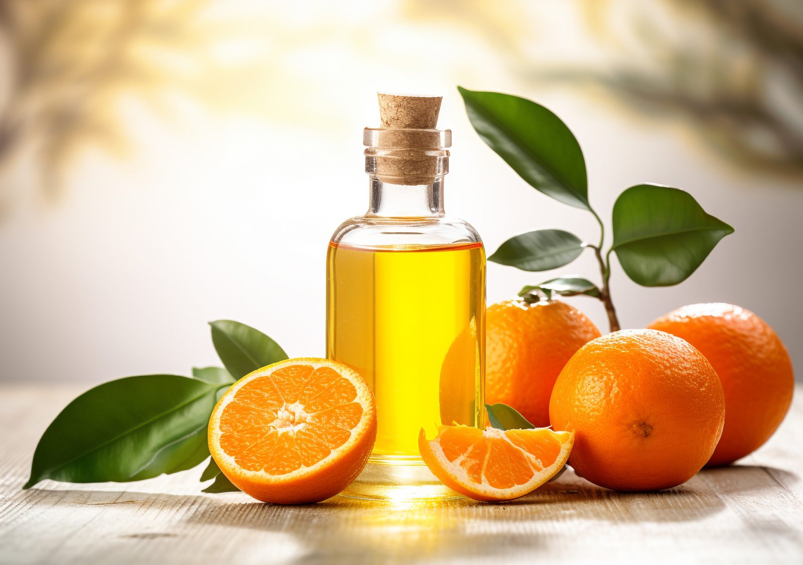 tangerine essential oil bottle with cork connected it fresh tangerine orange fruits